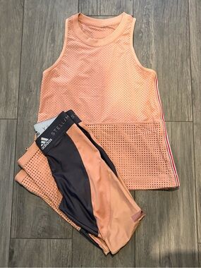 Adidas by Stella McCartney Peach Pink and Gray Perforated Tank & Leggings Set